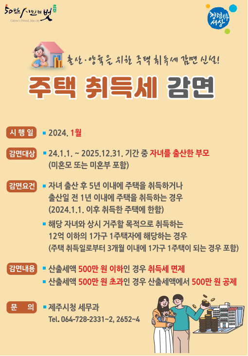 (3. 20. 세무과) 제주시, 출산·양육 가구 주택 취득세 감면 안내문 배부.png