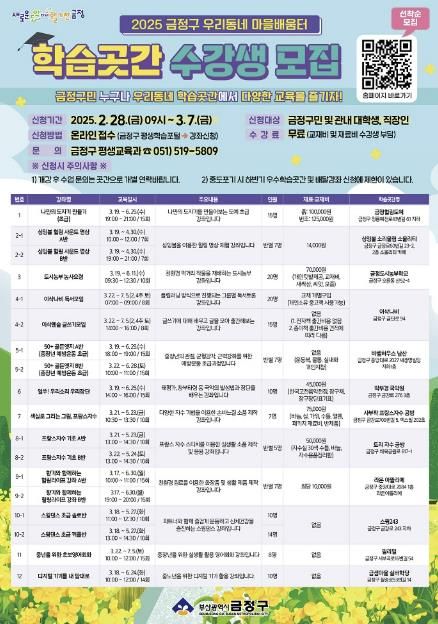 부산시 금정구 2025년 우리 동네 마을 배움터 '학습 곳간'수강생 모집