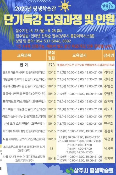 상주시, 평생학습관 단기특강(여름) 수강생 모집