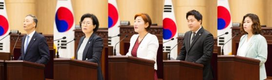 안산시의회가 27일 제297회 제1차 정례회 제2차 본회의를 열고 시정질문과 5분 자유발언을 실시했다. 사진 왼쪽부터 차례대로 이날 시정질문에 임한 한명훈 박은경 의원, 5분 자유발언을 진행한 현옥순 최찬규 박은정 의원의 모습.