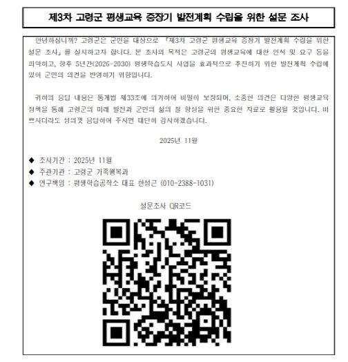 고령군, 제3차 고령군 평생교육 중장기 발전계획 수립을 위한 설문조사 실시