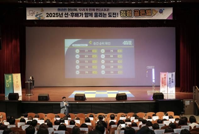 지난 2025년 9월 3일 시청 온누리에서 신상진 성남시장이 성남시 공직자들이 참여하는 도전!청렴 골든벨 행사에서 인사말을 하고 있다