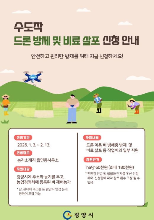 수도작 드론 방제·비료 살포 지원사업 추진