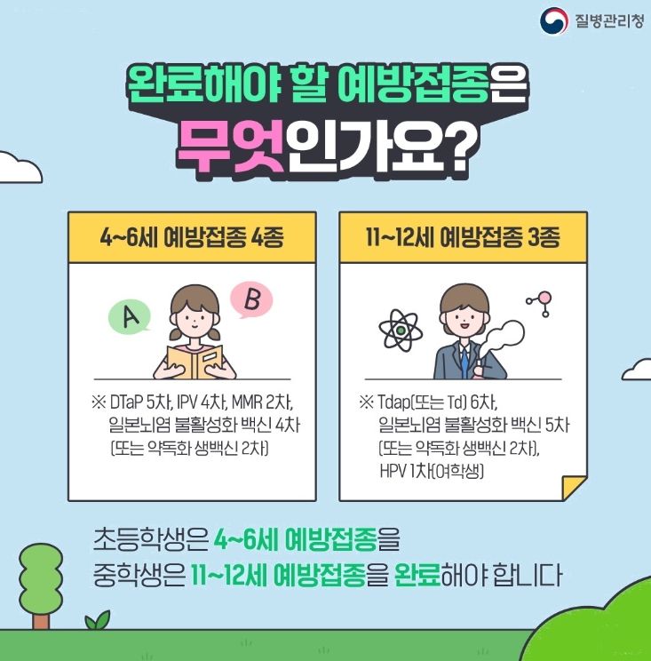 1. 질병관리청 초등·중학생 필수 예방접종 안내문.