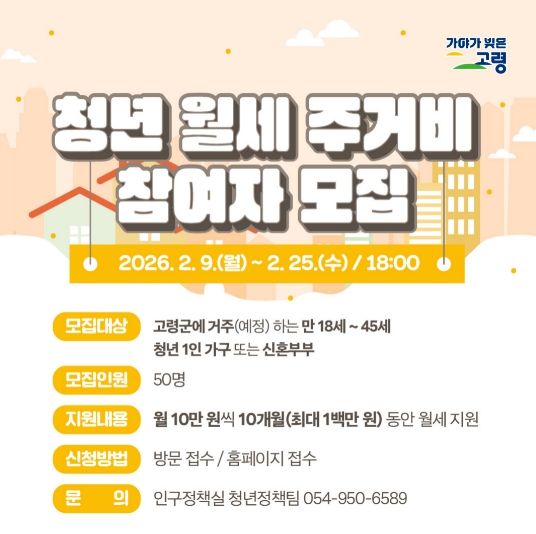 2026년 고령군 청년 월세 주거비 지원사업 대상자 모집