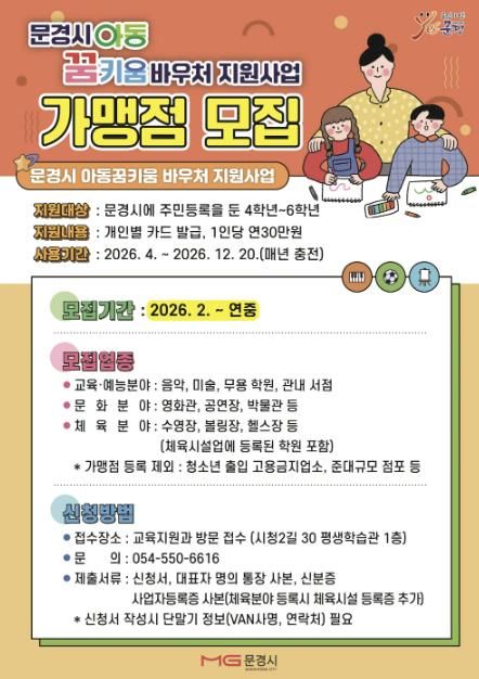 문경시, 아동 예체능 활동 지원 ‘꿈키움 바우처’ 가맹점 모집