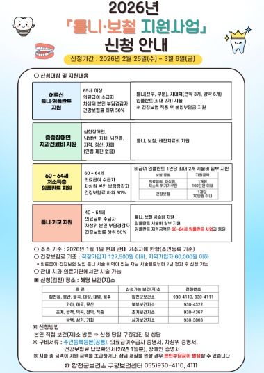 합천군, 저소득층 틀니·보철 지원사업 신청 접수
