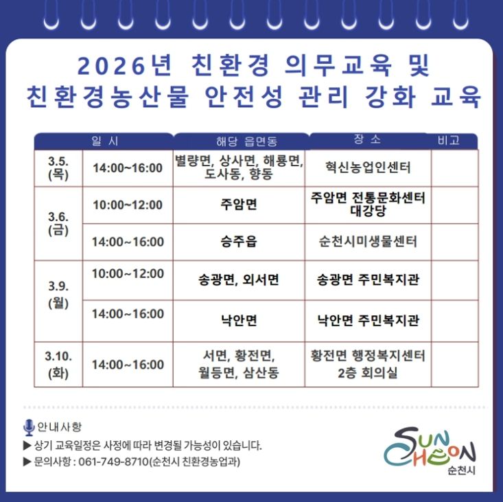 순천시, 친환경 농산물 재배 농가 의무교육