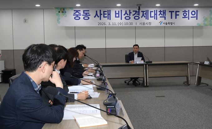 서울시가 11일 서울시청 본관에서 ‘중동 사태 비상경제대책 TF 회의’를 열고 중동 정세 불안에 따른 민생경제 대응과 수출기업 지원 방안을 논의하고 있다.